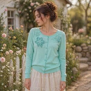 Vintage Pastel Turquoise Floral Applique Cotton Cardigan Sweater 3/4 Sleeve M